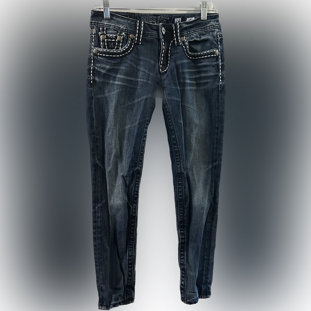 MISS ME denim jeans classic 5 pocket low rise dark wash sunny skinny leg size 28
